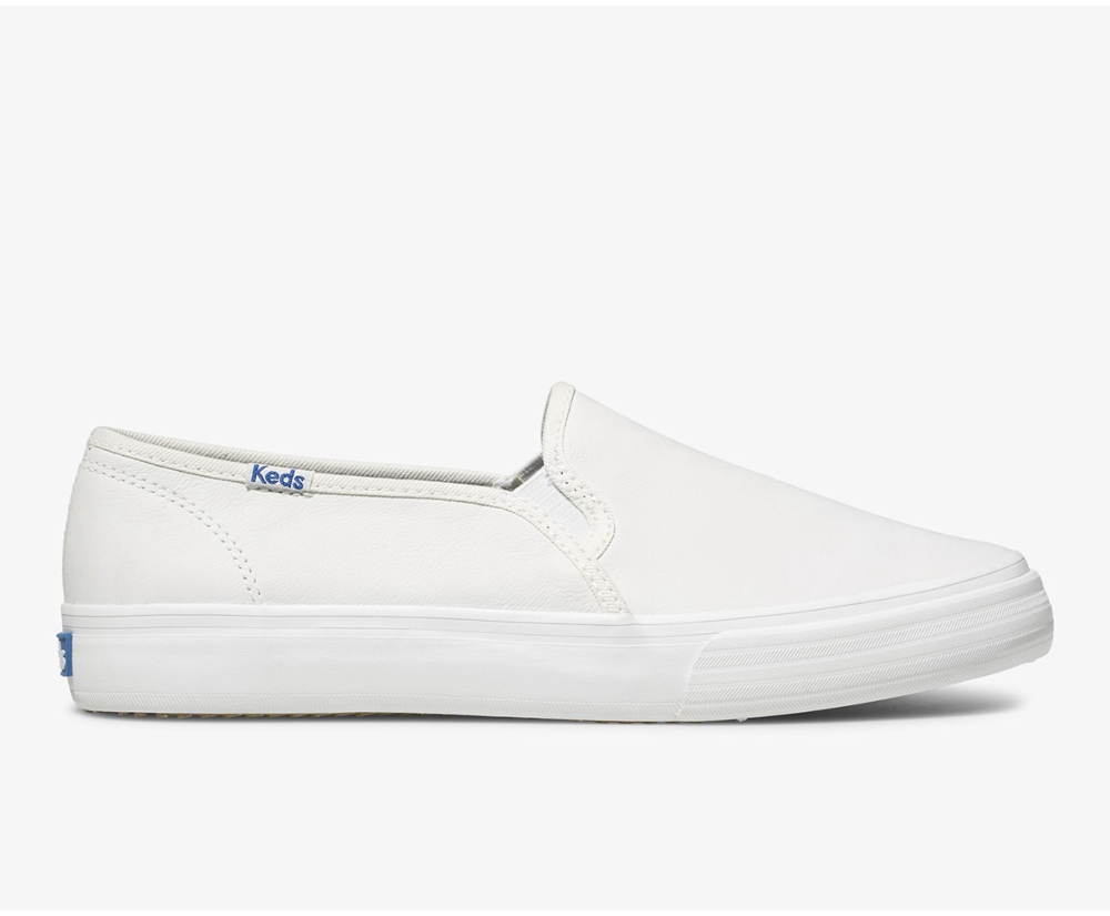 Keds Slip Ons White - Double Decker Leather - Womens EQLHSZ-084